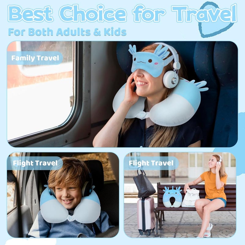JEROKUMI Kids Neck Pillows for Travel, Travel Pillow with Eye Mask Cartoon Axolotl U Shaped Neck Pillow for Sleeping Travel, Head Support Neck Pillow for Kids Teens Airplane Roadtrip Car - Image 5